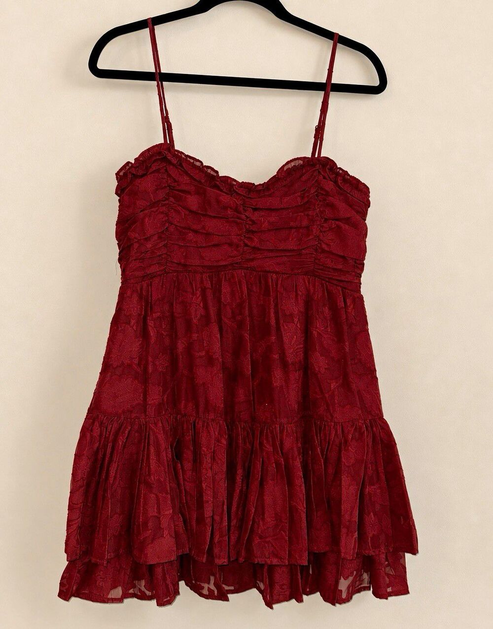 Red Floral Ruffle Layered Mini Fit & Flare Smocked Zip Dress M